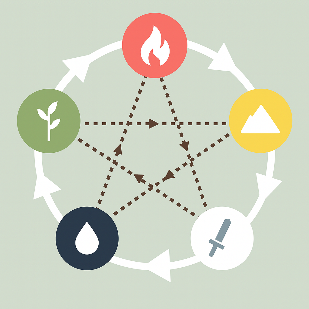 Five Elements creation and control cycles diagram (Wu Xing)